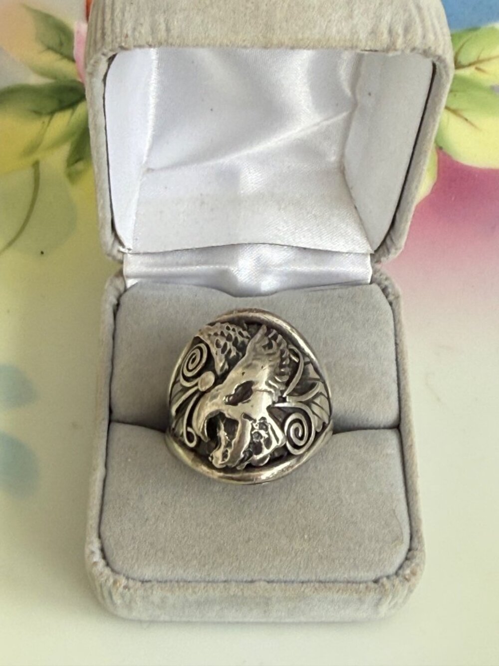 Vintage 70s Navajo Native American Eagle Ring Sterling Signed LH Size 11.5